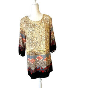 Moon Women Boho Paisley Floral Shift Mini Dress Cream Red Medium Balloon Sleeve
